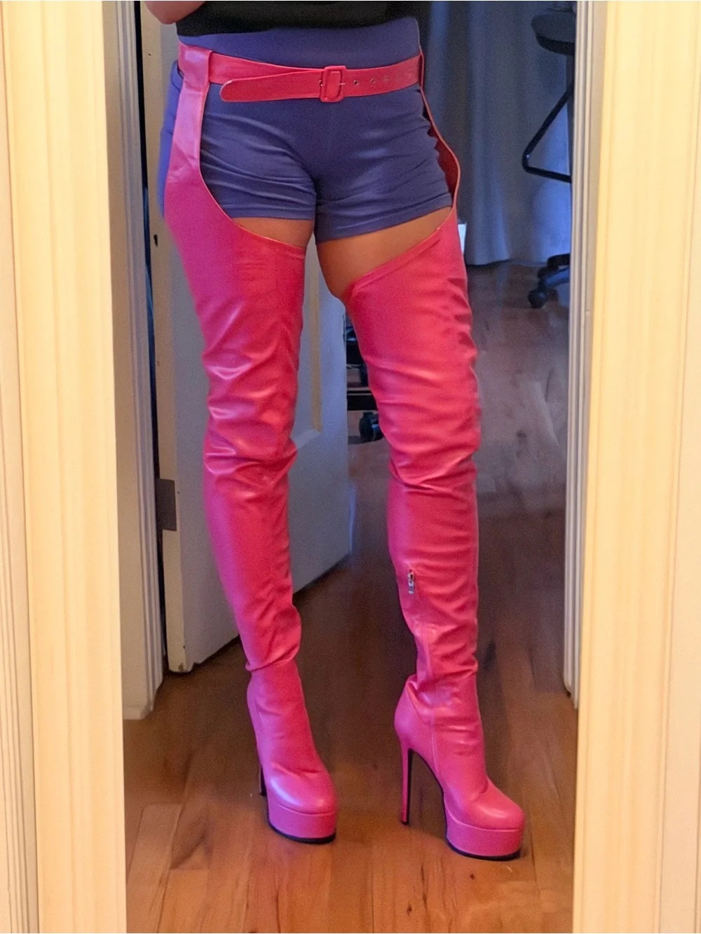 Women's Hot Pink Over-the-Knee Platform Stiletto Boots w Chaps
